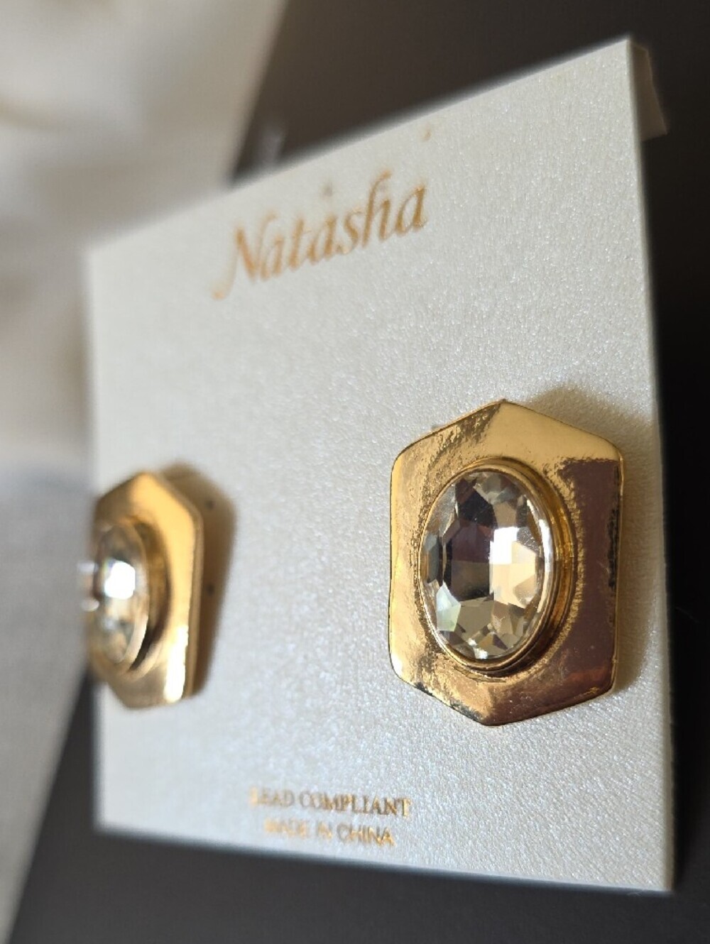 Natasha Couture Gold Hexagon Crystal Stud Earrings - Picture 4 of 4